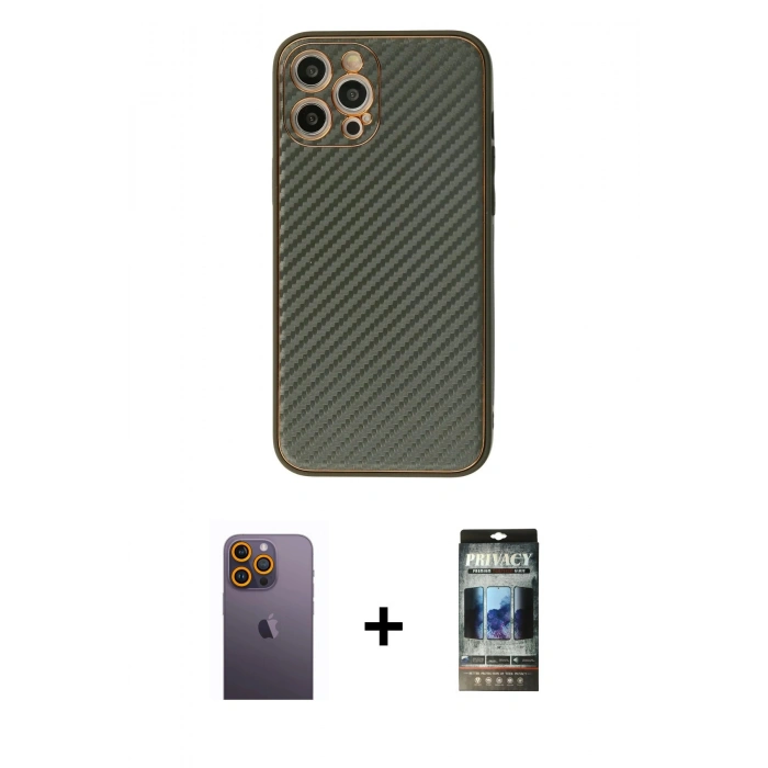 MARSİLYAN™- iPhone 12 Pro Kılıf Ahenk Işık - Siyah 34D Hayalet Izgaralı Cam + Neon Fosforlu Kamera Lens - SI