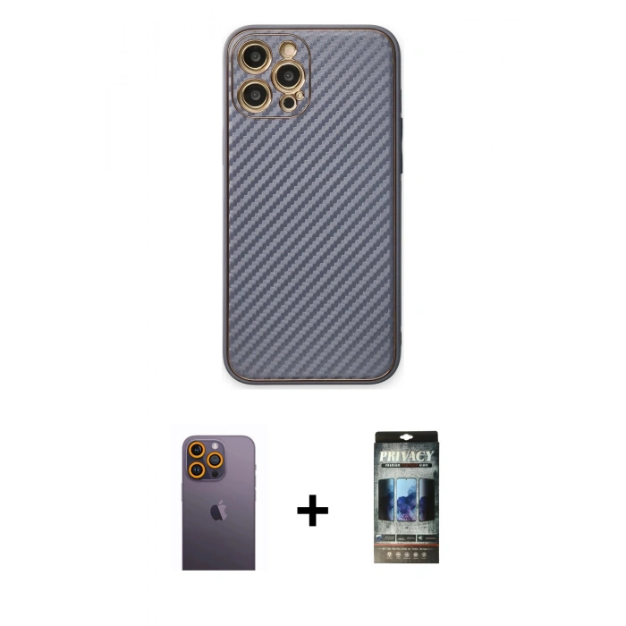 MARSİLYAN™- iPhone 12 Pro Kılıf Ahenk Işık - Siyah 34D Hayalet Izgaralı Cam + Neon Fosforlu Kamera Lens - SI