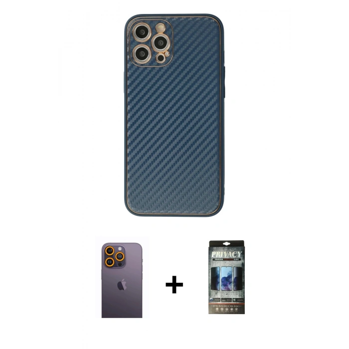 MARSİLYAN™- iPhone 12 Pro Kılıf Ahenk Işık - Siyah 34D Hayalet Izgaralı Cam + Neon Fosforlu Kamera Lens - SI