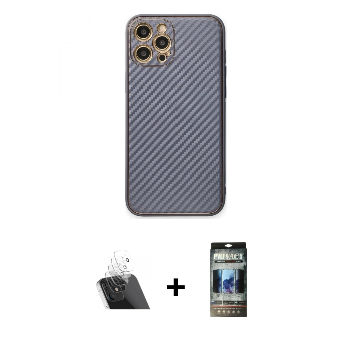 MARSİLYAN™- iPhone 12 Pro Kılıf Ahenk Işık - Siyah 34D Hayalet Izgaralı Cam + Şeffaf Kamera Lens Koruma Cam