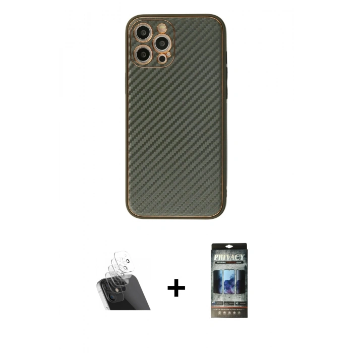 MARSİLYAN™- iPhone 12 Pro Kılıf Ahenk Işık - Siyah 34D Hayalet Izgaralı Cam + Şeffaf Kamera Lens Koruma Cam