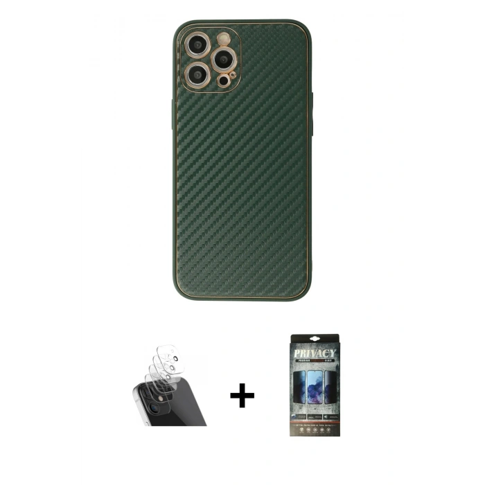 MARSİLYAN™- iPhone 12 Pro Kılıf Ahenk Işık - Siyah 34D Hayalet Izgaralı Cam + Şeffaf Kamera Lens Koruma Cam