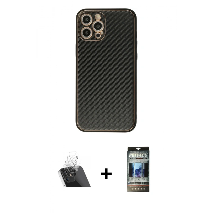 MARSİLYAN™- iPhone 12 Pro Kılıf Ahenk Işık - Siyah 34D Hayalet Izgaralı Cam + Şeffaf Kamera Lens Koruma Cam