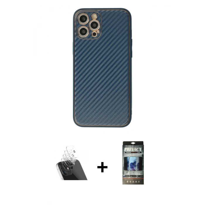 MARSİLYAN™- iPhone 12 Pro Kılıf Ahenk Işık - Siyah 34D Hayalet Izgaralı Cam + Şeffaf Kamera Lens Koruma Cam