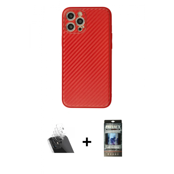 MARSİLYAN™- iPhone 12 Pro Kılıf Ahenk Işık - Siyah 34D Hayalet Izgaralı Cam + Şeffaf Kamera Lens Koruma Cam