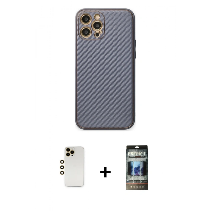 MARSİLYAN™- iPhone 12 Pro Kılıf Ahenk Işık - Siyah 34D Hayalet Izgaralı Cam + Shine Kamera Lens - GD