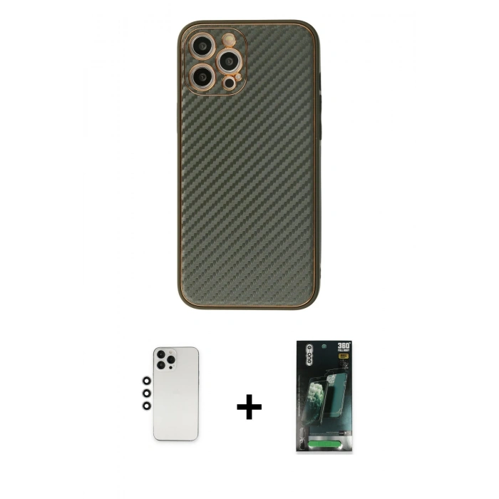 MARSİLYAN™- iPhone 12 Pro Kılıf Ahenk Işık - Siyah 360 Mat Full Body Arka Koruyucu + Shine Kamera Lens - GS