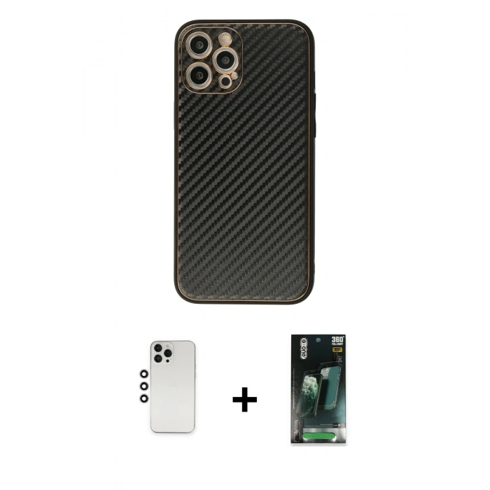 MARSİLYAN™- iPhone 12 Pro Kılıf Ahenk Işık - Siyah 360 Mat Full Body Arka Koruyucu + Shine Kamera Lens - GS