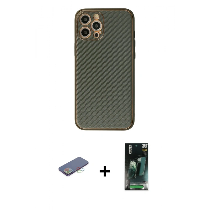 MARSİLYAN™- iPhone 12 Pro Kılıf Ahenk Işık - Siyah 360 Mat Full Body Arka Koruyucu + Renkli Kamera Lens Koruma Cam - MI