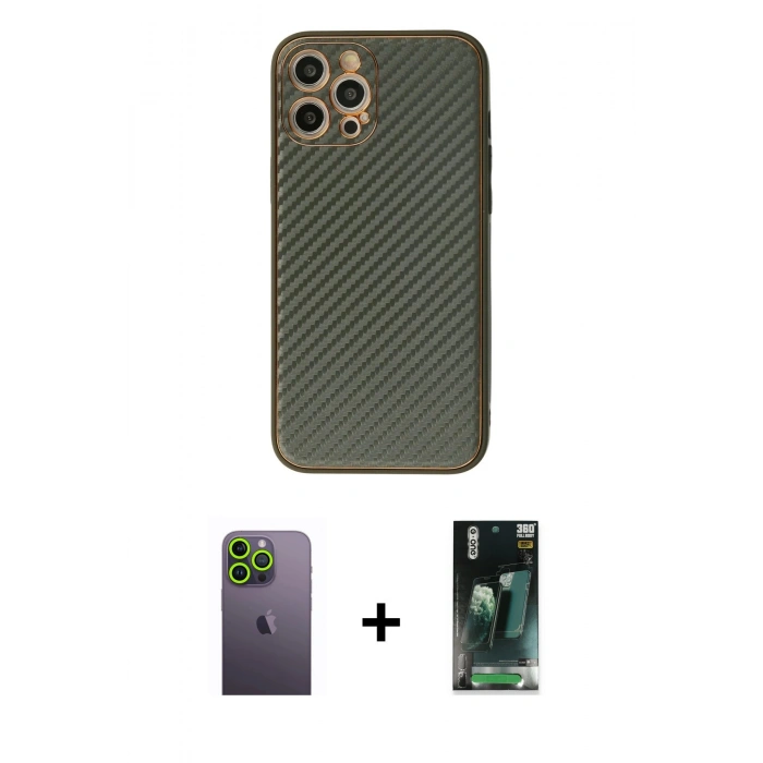 MARSİLYAN™- iPhone 12 Pro Kılıf Ahenk Işık - Siyah 360 Mat Full Body Arka Koruyucu + Neon Fosforlu Kamera Lens - YL