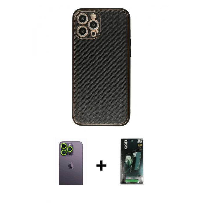 MARSİLYAN™- iPhone 12 Pro Kılıf Ahenk Işık - Siyah 360 Mat Full Body Arka Koruyucu + Neon Fosforlu Kamera Lens - YL