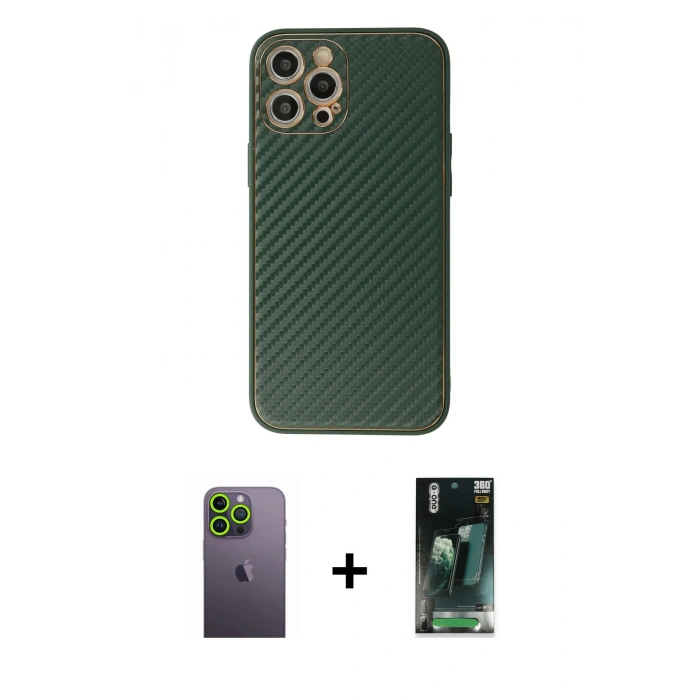 MARSİLYAN™- iPhone 12 Pro Kılıf Ahenk Işık - Siyah 360 Mat Full Body Arka Koruyucu + Neon Fosforlu Kamera Lens - YL