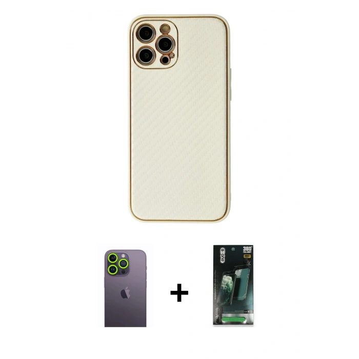 MARSİLYAN™- iPhone 12 Pro Kılıf Ahenk Işık - Siyah 360 Mat Full Body Arka Koruyucu + Neon Fosforlu Kamera Lens - YL