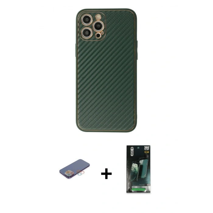MARSİLYAN™- iPhone 12 Pro Kılıf Ahenk Işık - Siyah 360 Mat Full Body Arka Koruyucu + Renkli Kamera Lens Koruma Cam - PE