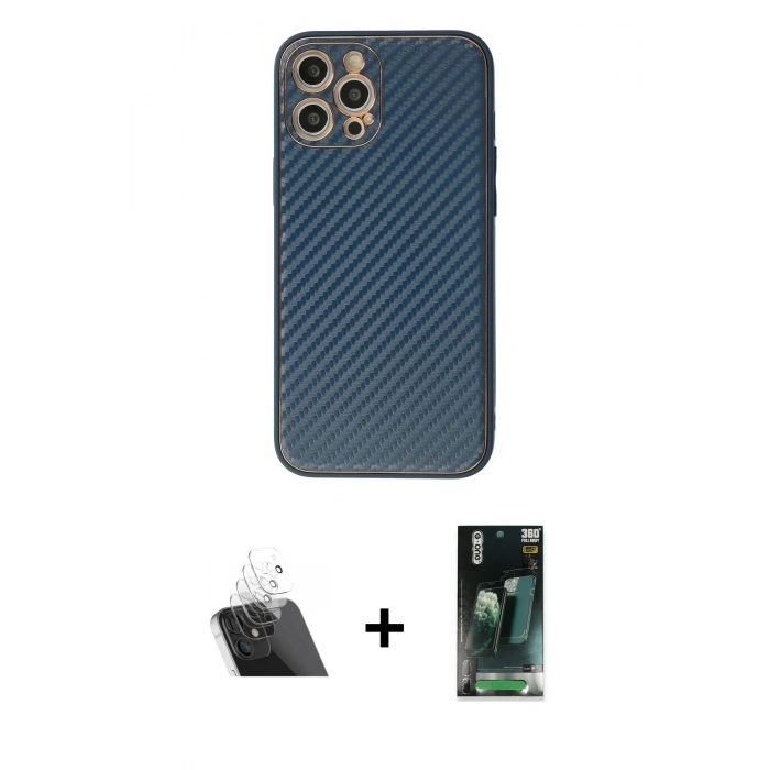 MARSİLYAN™- iPhone 12 Pro Kılıf Ahenk Işık - Siyah 360 Mat Full Body Arka Koruyucu + Kamera Lens Koruma Cam - SF