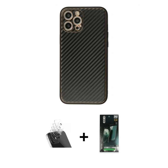 MARSİLYAN™- iPhone 12 Pro Kılıf Ahenk Işık - Siyah 360 Mat Full Body Arka Koruyucu + Kamera Lens Koruma Cam - SF