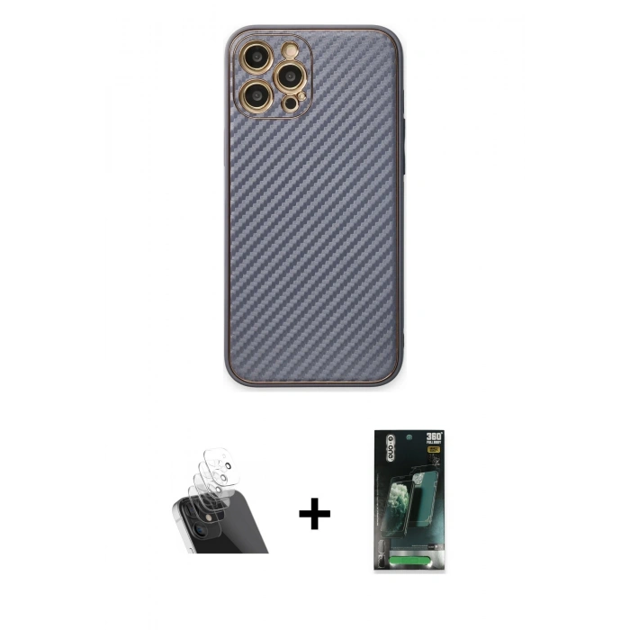 MARSİLYAN™- iPhone 12 Pro Kılıf Ahenk Işık - Siyah 360 Mat Full Body Arka Koruyucu + Kamera Lens Koruma Cam - SF