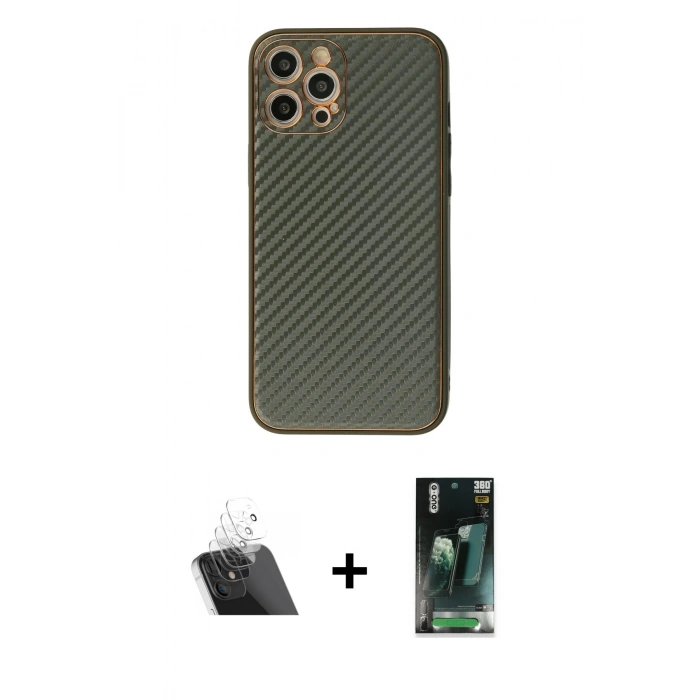 MARSİLYAN™- iPhone 12 Pro Kılıf Ahenk Işık - Siyah 360 Mat Full Body Arka Koruyucu + Kamera Lens Koruma Cam - SF