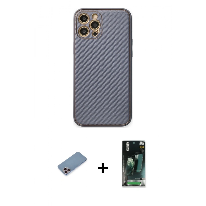 MARSİLYAN™- iPhone 12 Pro Kılıf Ahenk Işık - Siyah 360 Mat Full Body Arka Koruyucu + Shine Kamera Lens Koruma Cam - PE