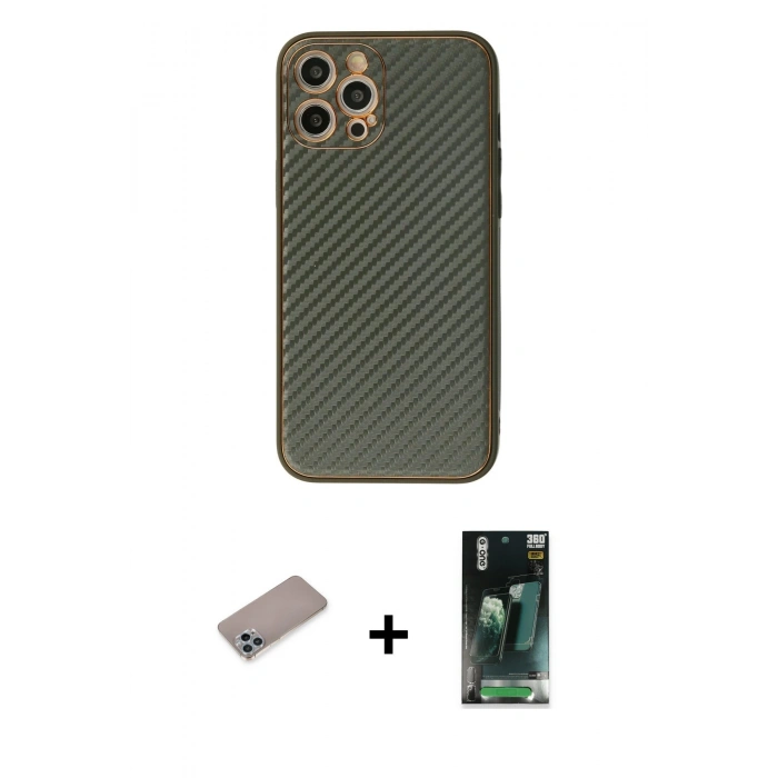 MARSİLYAN™- iPhone 12 Pro Kılıf Ahenk Işık - Siyah 360 Mat Full Body Arka Koruyucu + Shine Kamera Lens Koruma Cam - SABE