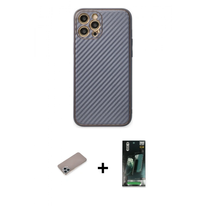 MARSİLYAN™- iPhone 12 Pro Kılıf Ahenk Işık - Siyah 360 Mat Full Body Arka Koruyucu + Shine Kamera Lens Koruma Cam - SABE