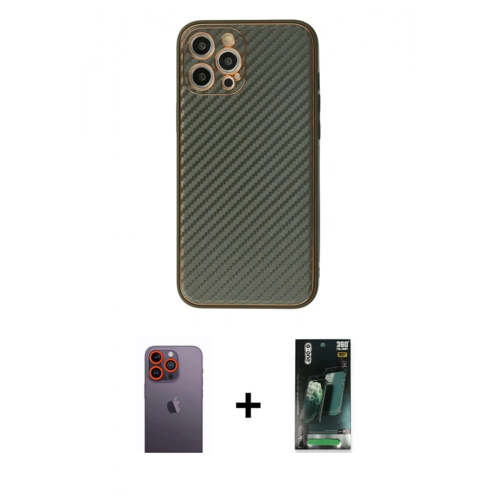 MARSİLYAN™- iPhone 12 Pro Kılıf Ahenk Işık - Siyah 360 Mat Full Body Arka Koruyucu + Neon Fosforlu Kamera Lens - TU
