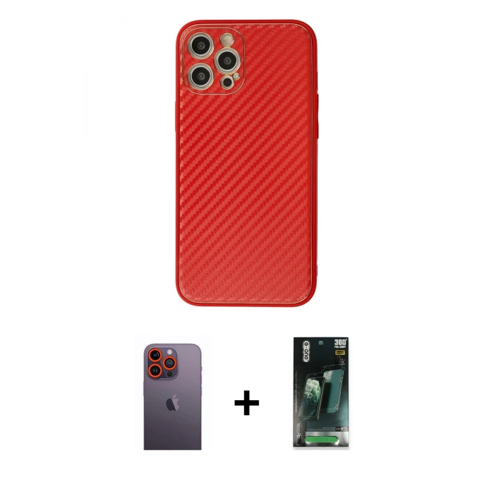 MARSİLYAN™- iPhone 12 Pro Kılıf Ahenk Işık - Siyah 360 Mat Full Body Arka Koruyucu + Neon Fosforlu Kamera Lens - TU