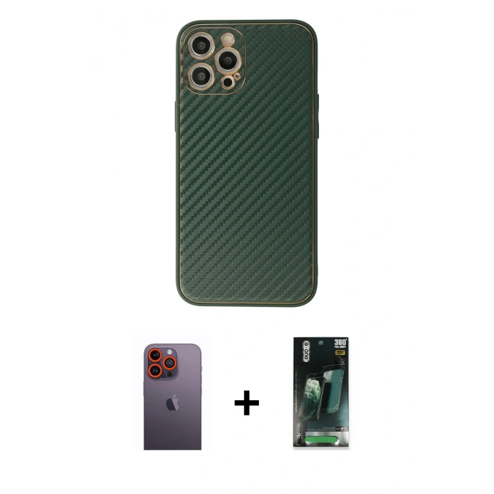 MARSİLYAN™- iPhone 12 Pro Kılıf Ahenk Işık - Siyah 360 Mat Full Body Arka Koruyucu + Neon Fosforlu Kamera Lens - TU