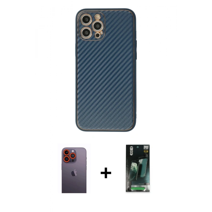 MARSİLYAN™- iPhone 12 Pro Kılıf Ahenk Işık - Siyah 360 Mat Full Body Arka Koruyucu + Neon Fosforlu Kamera Lens - TU