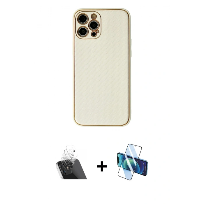 MARSİLYAN™- iPhone 12 Pro Kılıf Ahenk Işık - Siyah 3D Antistatik Cam Ekran Koruyucu + Kamera Lens Koruma Cam - SF