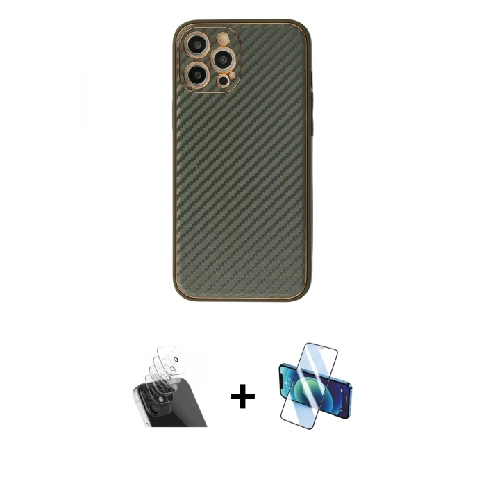 MARSİLYAN™- iPhone 12 Pro Kılıf Ahenk Işık - Siyah 3D Antistatik Cam Ekran Koruyucu + Kamera Lens Koruma Cam - SF