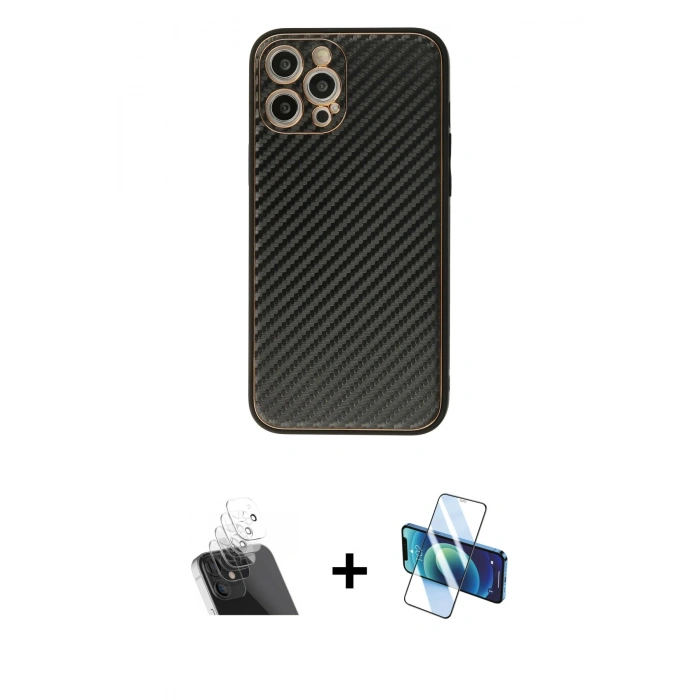 MARSİLYAN™- iPhone 12 Pro Kılıf Ahenk Işık - Siyah 3D Antistatik Cam Ekran Koruyucu + Kamera Lens Koruma Cam - SF
