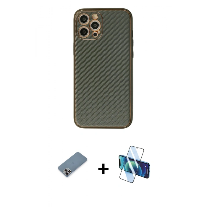 MARSİLYAN™- iPhone 12 Pro Kılıf Ahenk Işık - Siyah 3D Antistatik Cam Ekran Koruyucu + Metal Kamera Lens Koruma Cam - MR