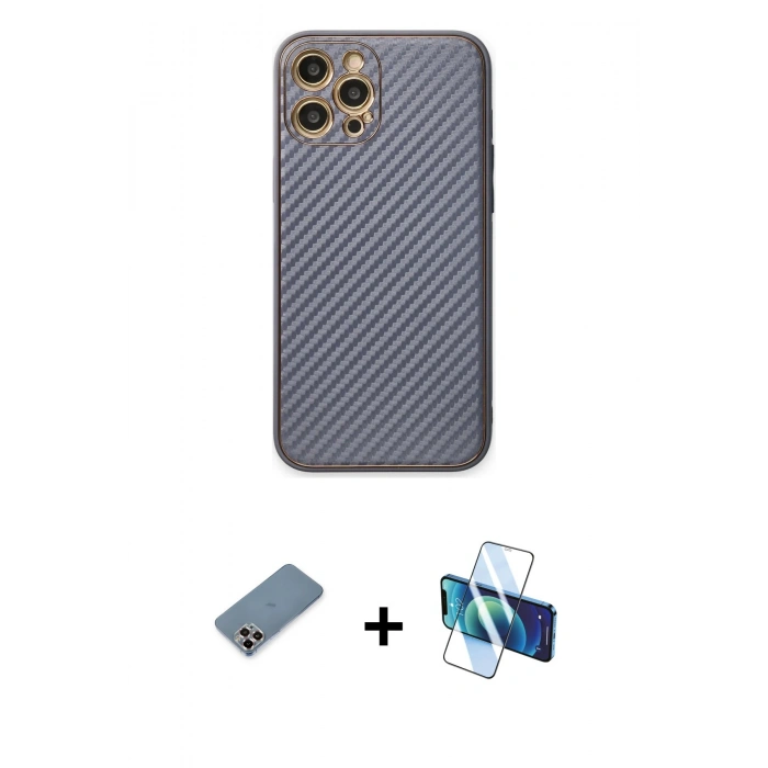 MARSİLYAN™- iPhone 12 Pro Kılıf Ahenk Işık - Siyah 3D Antistatik Cam Ekran Koruyucu + Metal Kamera Lens Koruma Cam - MR
