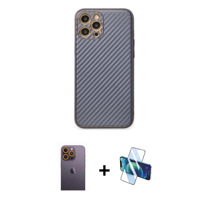 MARSİLYAN™- iPhone 12 Pro Kılıf Ahenk Işık - Siyah 3D Antistatik Cam Ekran Koruyucu + Neon Fosforlu Kamera Lens - SI