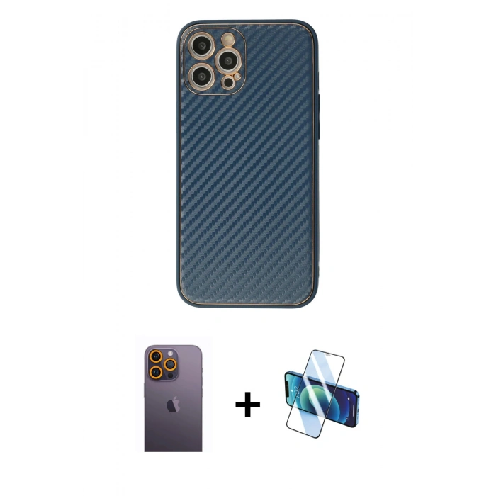 MARSİLYAN™- iPhone 12 Pro Kılıf Ahenk Işık - Siyah 3D Antistatik Cam Ekran Koruyucu + Neon Fosforlu Kamera Lens - SI