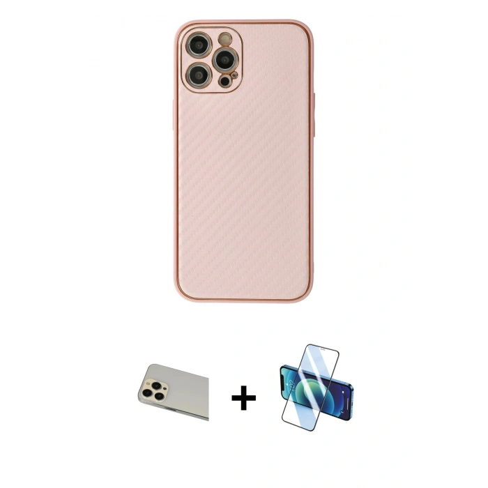 MARSİLYAN™- iPhone 12 Pro Kılıf Ahenk Işık - Siyah 3D Antistatik Cam Ekran Koruyucu + Rainbow Kamera Lens Koruma Cam - GD