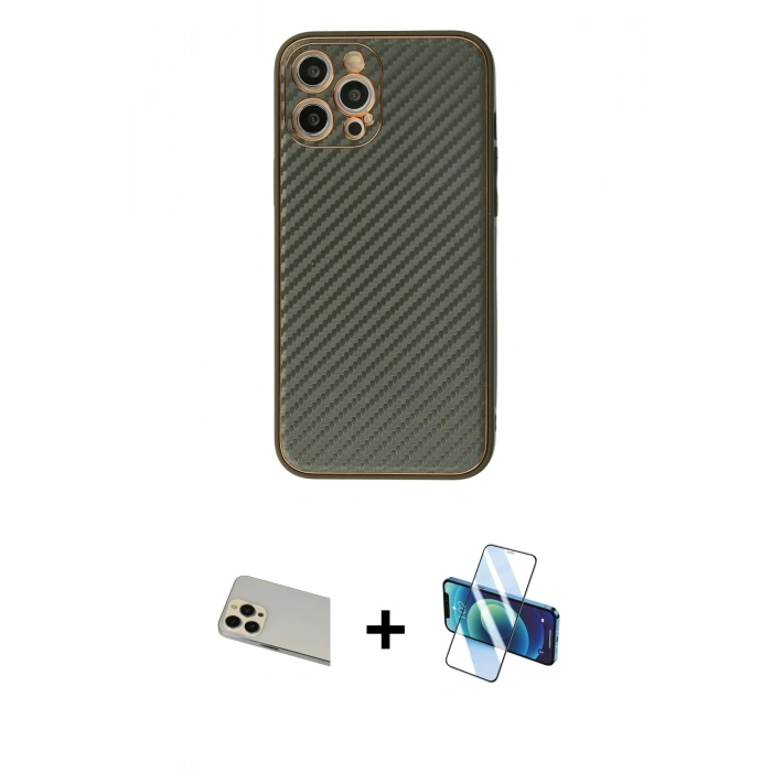 MARSİLYAN™- iPhone 12 Pro Kılıf Ahenk Işık - Siyah 3D Antistatik Cam Ekran Koruyucu + Rainbow Kamera Lens Koruma Cam - GD