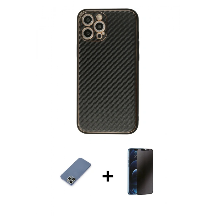 MARSİLYAN™- iPhone 12 Pro Kılıf Ahenk Işık - Siyah 3D Antistatik Hayalet Cam Ekran Koruyucu + Metal Kamera Lens Koruma Cam - AKYL