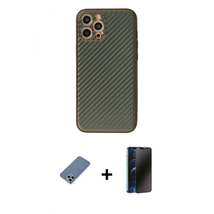 MARSİLYAN™- iPhone 12 Pro Kılıf Ahenk Işık - Siyah 3D Antistatik Hayalet Cam Ekran Koruyucu + Metal Kamera Lens Koruma Cam - AKYL