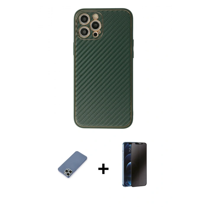 MARSİLYAN™- iPhone 12 Pro Kılıf Ahenk Işık - Siyah 3D Antistatik Hayalet Cam Ekran Koruyucu + Metal Kamera Lens Koruma Cam - AKYL