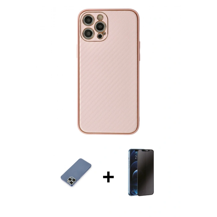 MARSİLYAN™- iPhone 12 Pro Kılıf Ahenk Işık - Siyah 3D Antistatik Hayalet Cam Ekran Koruyucu + Metal Kamera Lens Koruma Cam - AKYL