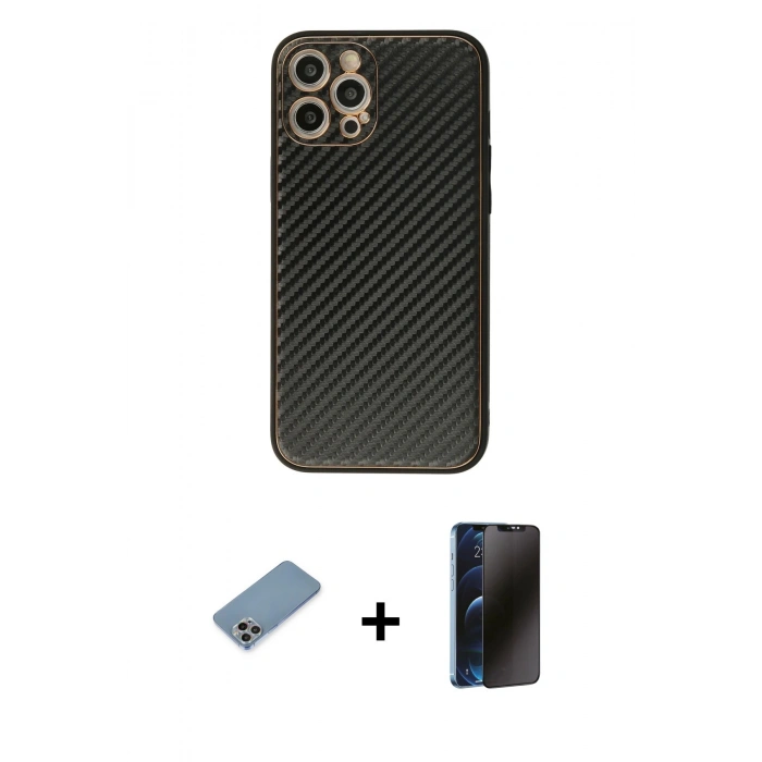 MARSİLYAN™- iPhone 12 Pro Kılıf Ahenk Işık - Siyah 3D Antistatik Hayalet Cam Ekran Koruyucu + Shine Kamera Lens Koruma Cam - GI