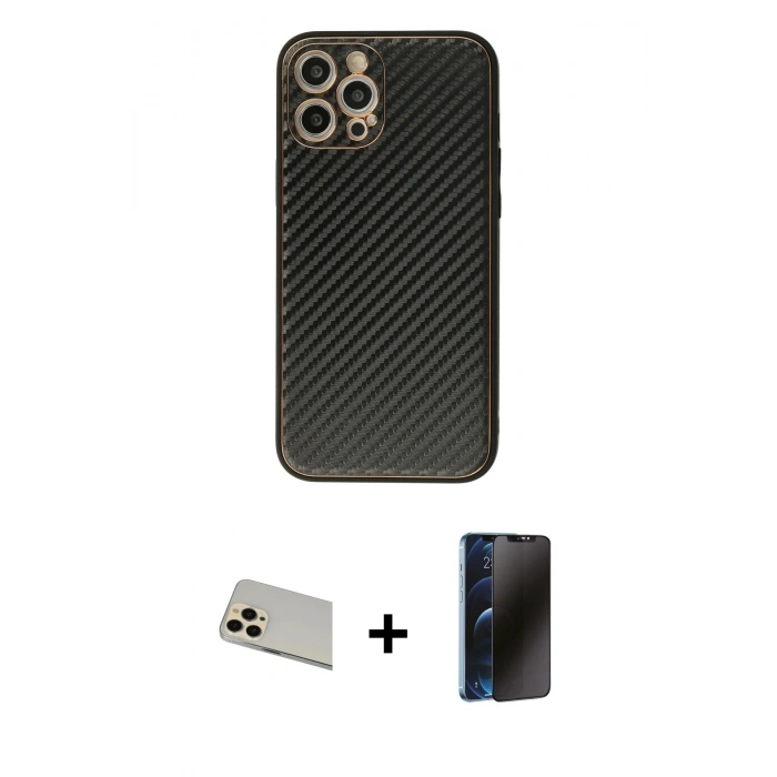 MARSİLYAN™- iPhone 12 Pro Kılıf Ahenk Işık - Siyah 3D Antistatik Hayalet Cam Ekran Koruyucu + Rainbow Kamera Lens Koruma Cam - GD