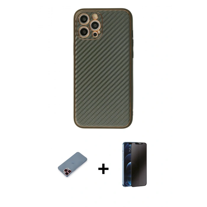 MARSİLYAN™- iPhone 12 Pro Kılıf Ahenk Işık - Siyah 3D Antistatik Hayalet Cam Ekran Koruyucu + Metal Kamera Lens Koruma Cam - KI