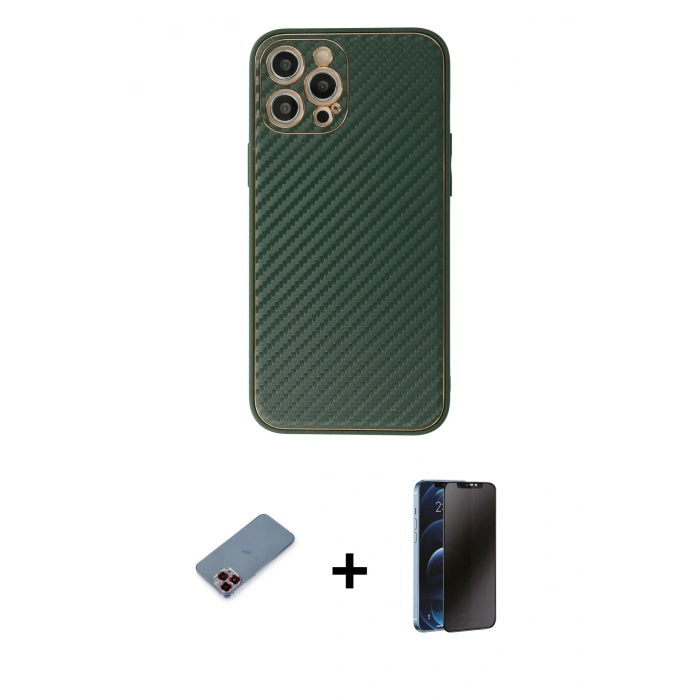 MARSİLYAN™- iPhone 12 Pro Kılıf Ahenk Işık - Siyah 3D Antistatik Hayalet Cam Ekran Koruyucu + Metal Kamera Lens Koruma Cam - KI