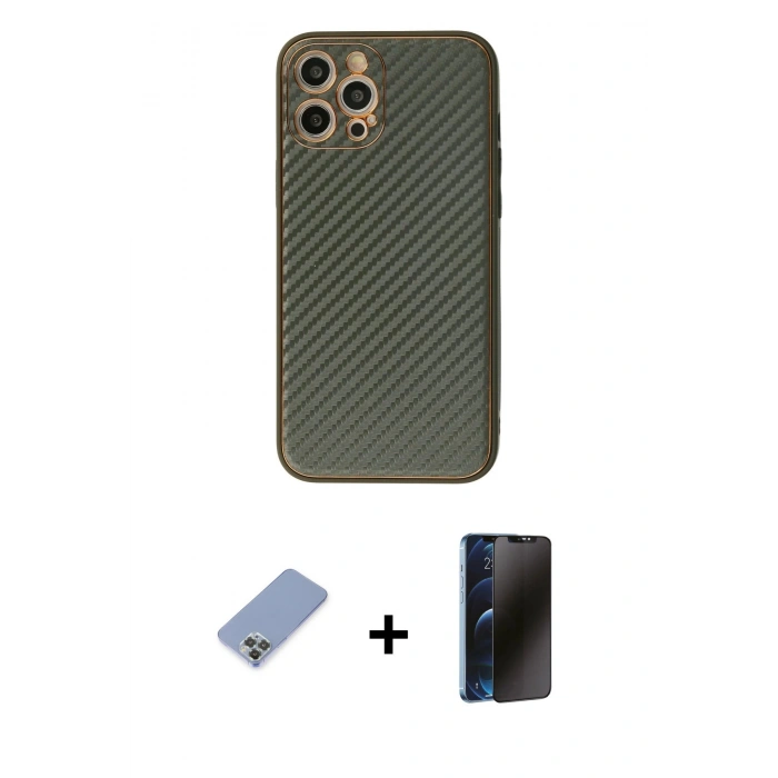 MARSİLYAN™- iPhone 12 Pro Kılıf Ahenk Işık - Siyah 3D Antistatik Hayalet Cam Ekran Koruyucu + Metal Kamera Lens Koruma Cam - KUYL