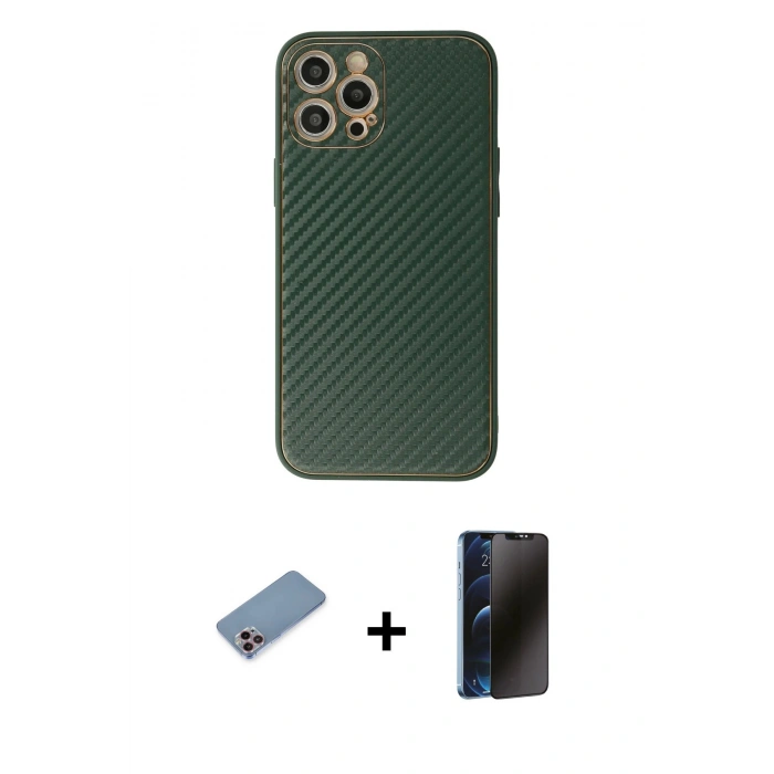MARSİLYAN™- iPhone 12 Pro Kılıf Ahenk Işık - Siyah 3D Antistatik Hayalet Cam Ekran Koruyucu + Shine Kamera Lens Koruma Cam - PE