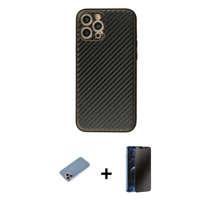 MARSİLYAN™- iPhone 12 Pro Kılıf Ahenk Işık - Siyah 3D Antistatik Hayalet Cam Ekran Koruyucu + Shine Kamera Lens Koruma Cam - PE