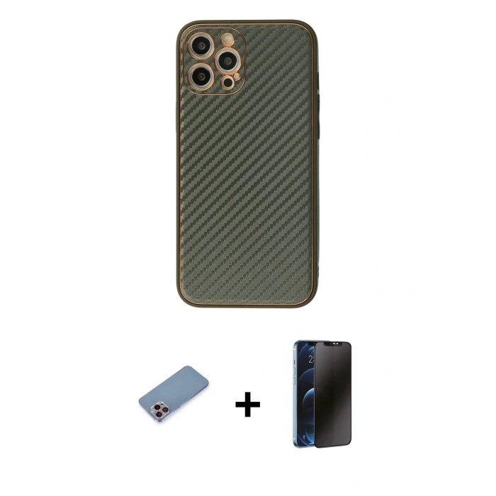 MARSİLYAN™- iPhone 12 Pro Kılıf Ahenk Işık - Siyah 3D Antistatik Hayalet Cam Ekran Koruyucu + Shine Kamera Lens Koruma Cam - PE